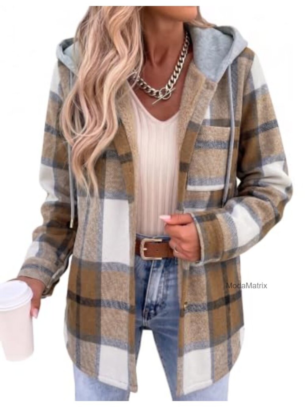 Women Plaid Shacket Fleece Hooded Winter Coat Warm Jacket